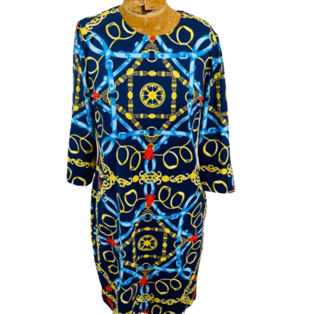 J. McLaughlin Navy Blue, Yellow & Light Blue Chain Print Dress